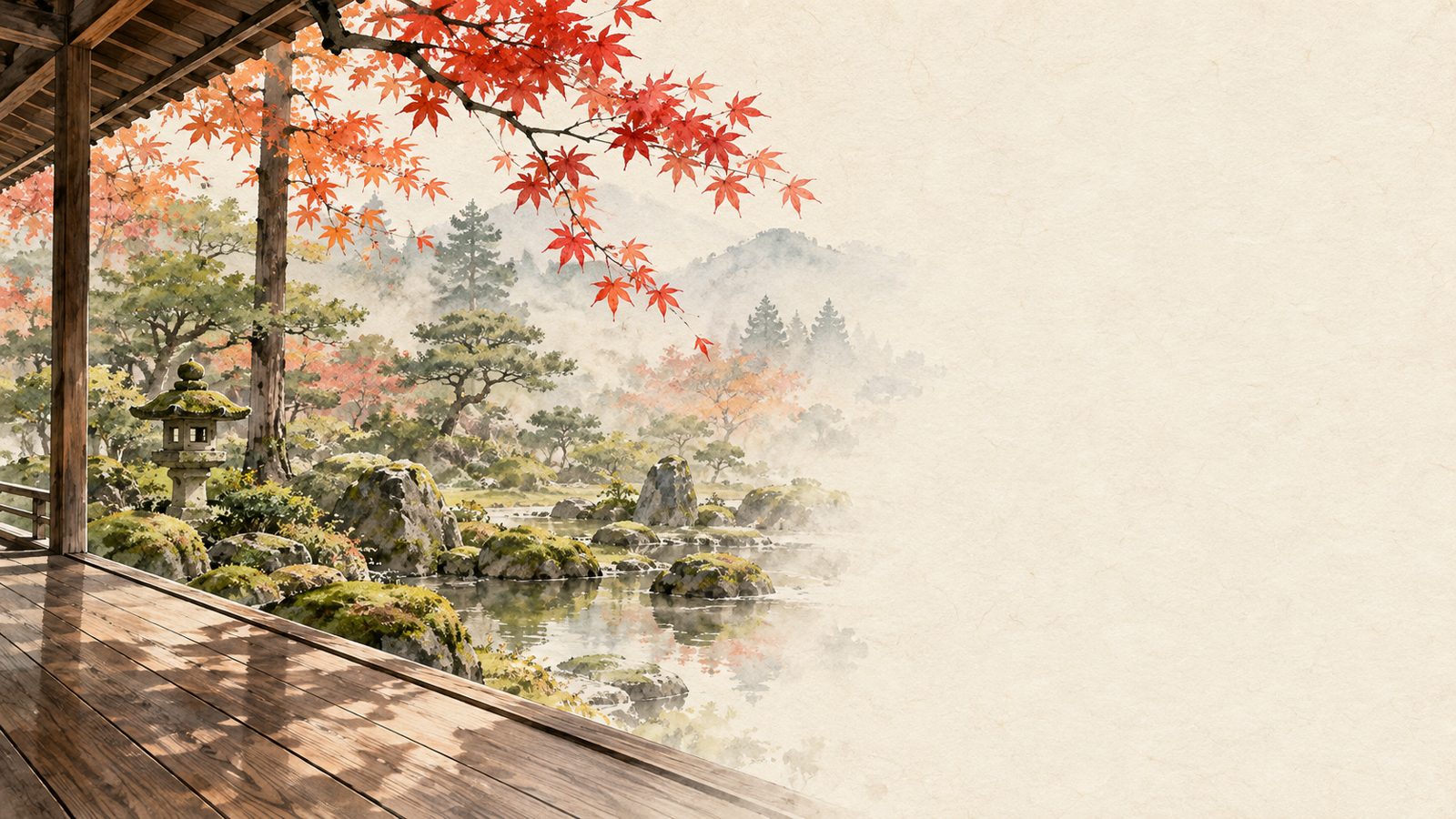 苔むした庭の縁側と紅葉